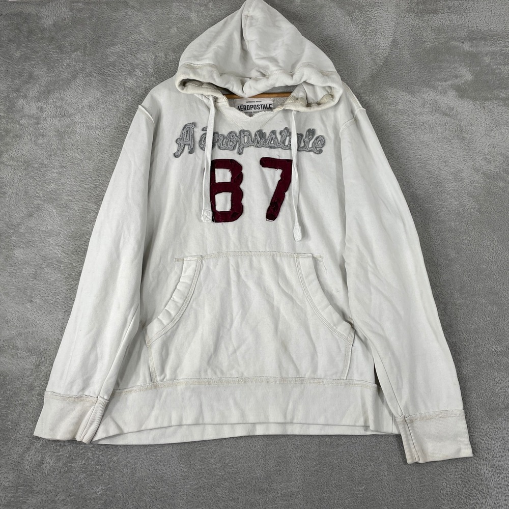 Aeropostale Hoodie Mens 2XL White Applique 87 Distressed Y2K Collegiate Sweat
